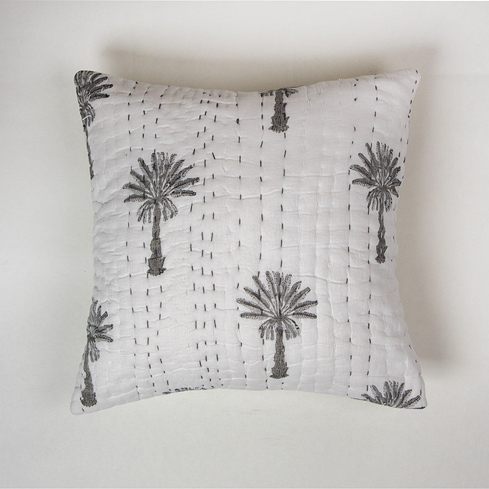 Premium Grey Palm Tree Printed Cotton Kantha Sofa Cushion Covers